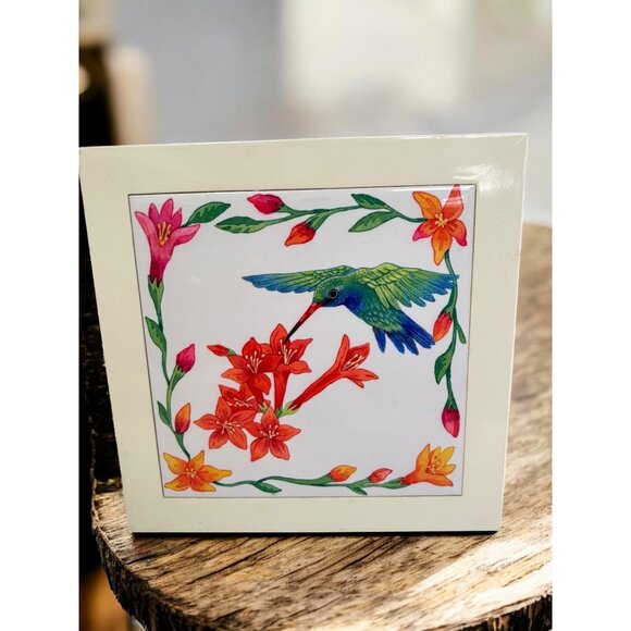Hand-Painted Ceramic Tile Wall Hanging With Hummingbird & Floral Design In Woode - Picture 1 of 9
